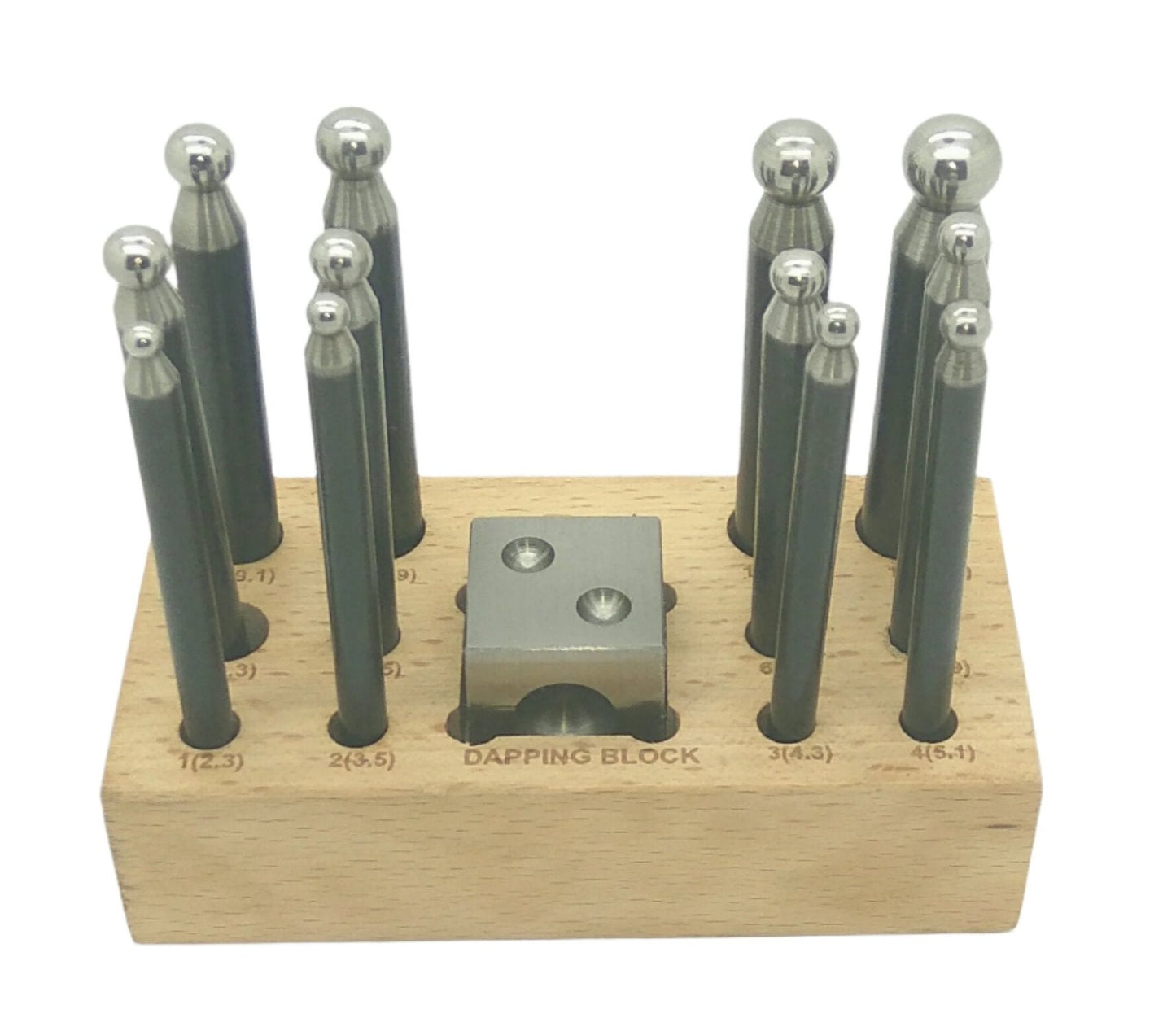 12 Steel Dapping Punches With Doming Block On Wooden Base Jewellery Metalwork